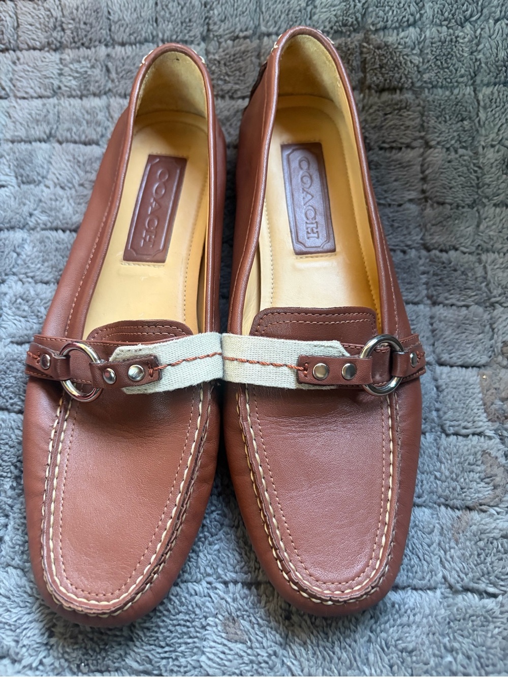 COACH Brown Leather Men's Loafers with Cream Canvas Strap